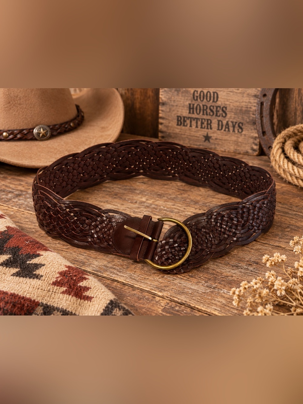 Tarnish Brown Genuine Leather Braided Woven Belt Size M